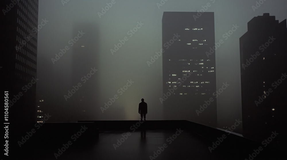 Obraz premium Silhouette on rooftop overlooking foggy cityscape at night