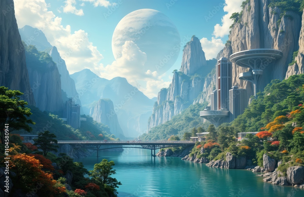 Fototapeta premium Futuristic city nestled in mountain valley. Modern buildings cling to cliffside. Bridge crosses turquoise river. Green plants surrounds. Natural light bathes scene in sunlit glow. Scenic landscape