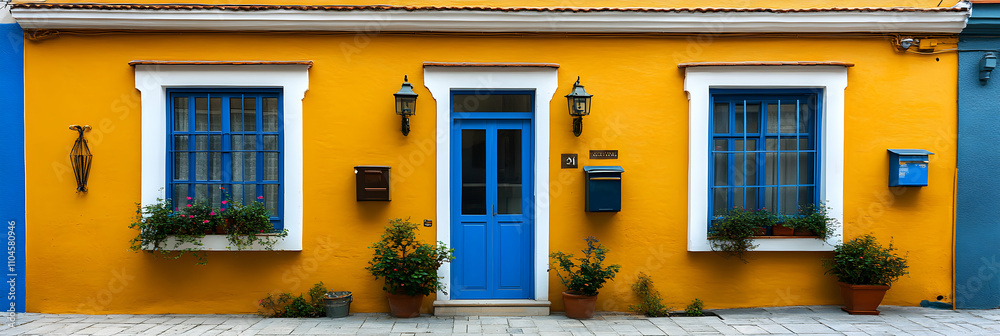 Obraz premium Vibrant Yellow House with Blue Doors and Windows, Charming Mediterranean Architecture, Sunny Day