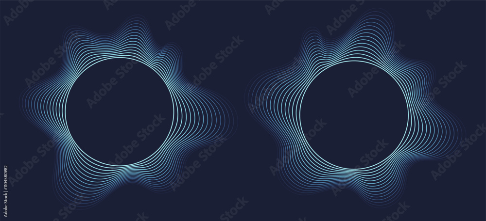 Round sound wave frames, circular lines pattern, radial curvy shapes, geometric concentric design. Vector illustration.