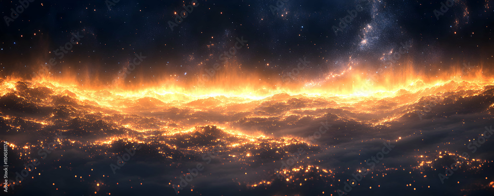 Fiery Cosmic Landscape, Abstract Background of a Burning Planet Against Starry Sky Fiery Cosmic Landscape, Abstract Background of a Burning Planet Against Starry Sky