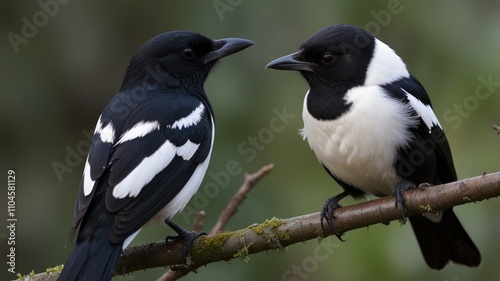 Two magpies perched on a branch, facing each other.