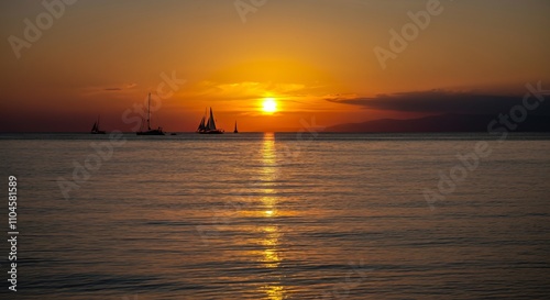 Golden Hour Maritime Scene - Sailboats Silhouette Against Calm Ocean Sunset