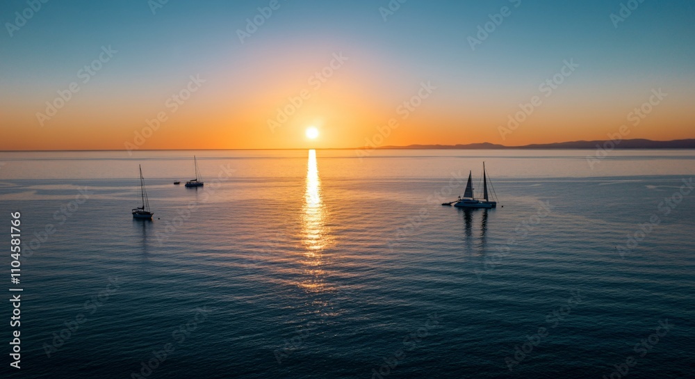 Golden Hour Maritime Scene - Sailboats Silhouette Against Calm Ocean Sunset Golden Hour Maritime Scene - Sailboats Silhouette Against Calm Ocean Sunset