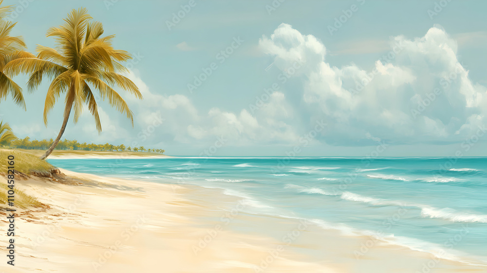 Tranquil Beach Scene, Palm Trees Sway Gently on a Sandy Shore, Azure Waves Lap Calmly Under a Cloudy Sky. Tranquil Beach Scene, Palm Trees Sway Gently on a Sandy Shore, Azure Waves Lap Calmly Under a Cloudy Sky.