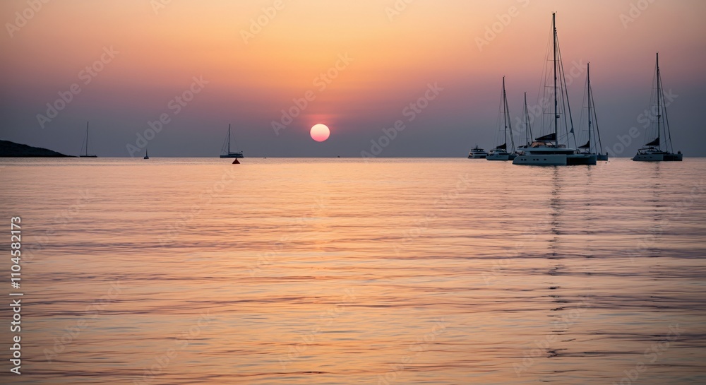 Golden Hour Maritime Scene - Sailboats Silhouette Against Calm Ocean Sunset Golden Hour Maritime Scene - Sailboats Silhouette Against Calm Ocean Sunset