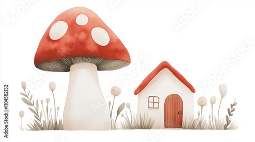 Whimsical watercolor mushroom house illustration for fantasy designs