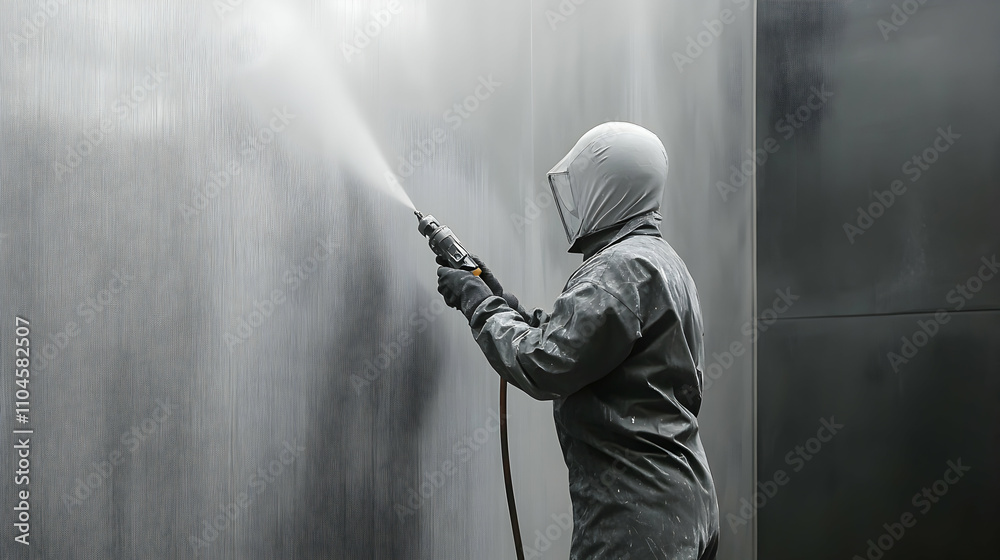 Industrial Worker Applying Protective Coating to Metal Surface with Spray Gun Industrial Worker Applying Protective Coating to Metal Surface with Spray Gun