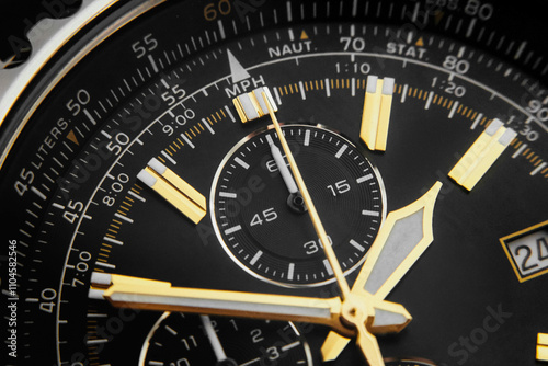 Close-up of the watch dial, black watch envelope, gold pointer, timekeeping, passing, past, new year, countdown to the new year photo