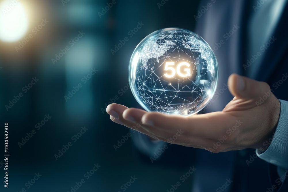 Futuristic concept of 5g technology in a digital globe displayed in hands Futuristic concept of 5g technology in a digital globe displayed in hands
