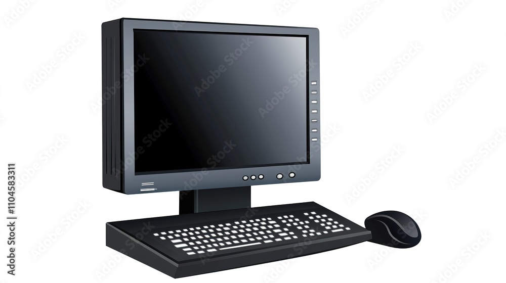 A clean and modern vector image of a desktop computer, featuring a sleek design with a white background. The image emphasizes the simplicity and functionality of the desktop setup, 