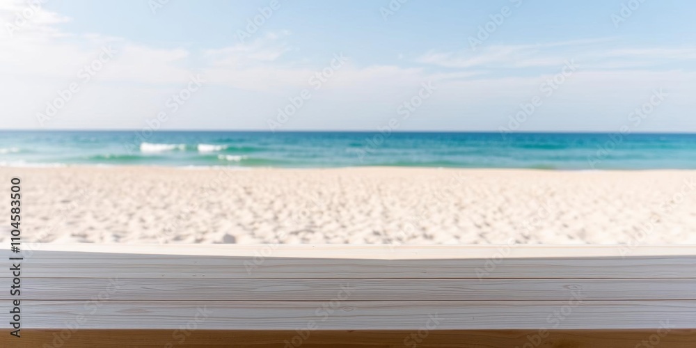 Obraz premium Empty desk with a small potted plant and a window view of the summer beach landscape with sandy shore and blue ocean in the background, calming colors, summer vibes