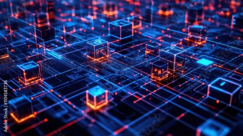 Neon Technology Circuit Board with Glowing Elements and Depth Effect