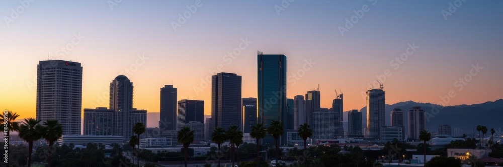 Panoramic view of the Los Angeles skyline with palm trees in front set against a warm sunset background, sunsets, city views