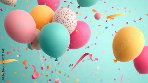 A charming group of soft pastel balloons floating in the air, with glistening ribbons and tiny confetti, perfect for a minimalist birthday celebration.