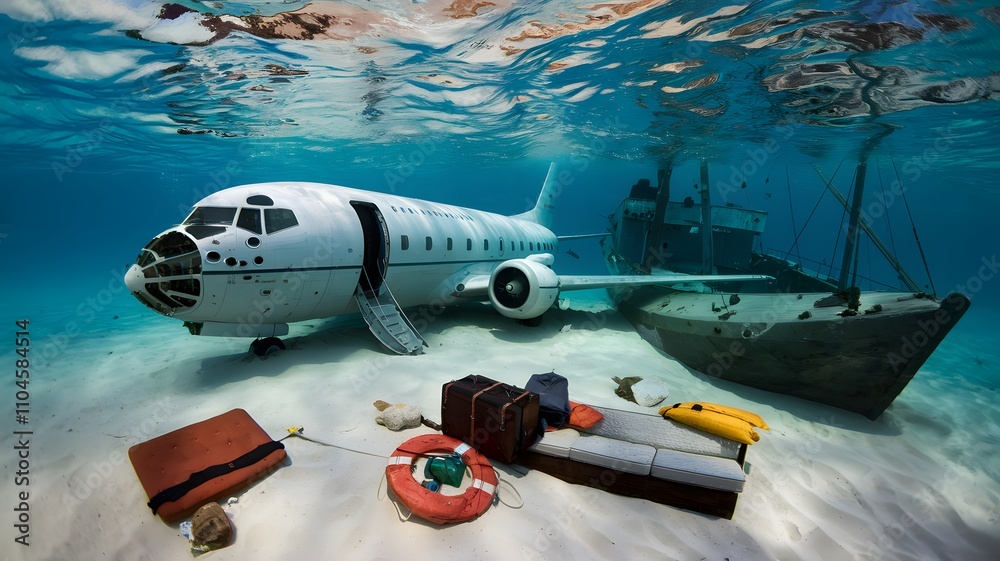 An immersive underwater scene featuring both a plane and a boat An immersive underwater scene featuring both a plane and a boat