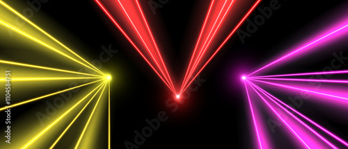 Laser beams, concert or nightclub spotlights light effect. Lasers in motion, abstract perspective background. Vector illustration.