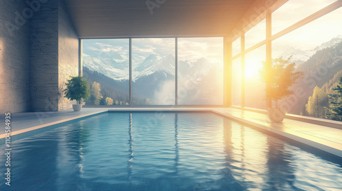 Spa area with a swimming pool in the center in a luxury mountain hotel