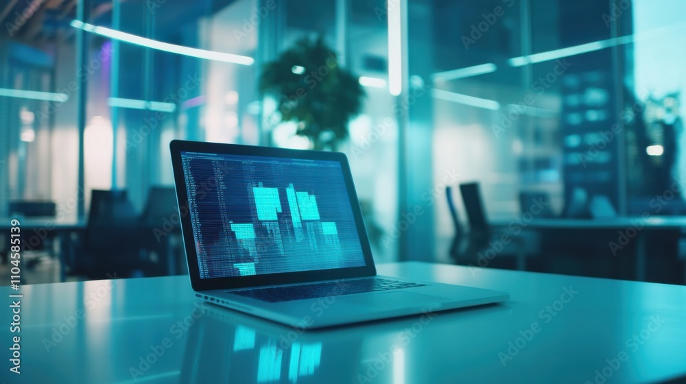 Modern Office Workspace with Laptop Displaying Data Visualization Modern Office Workspace with Laptop Displaying Data Visualization