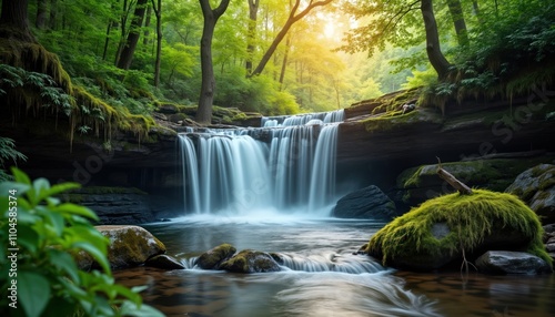 Serene waterfall cascades down rocky ledges in quiet forest. Sunlight filters through green plants creating tranquil scene. Moss covers rocks, trees adding to peaceful atmosphere. Water flows over