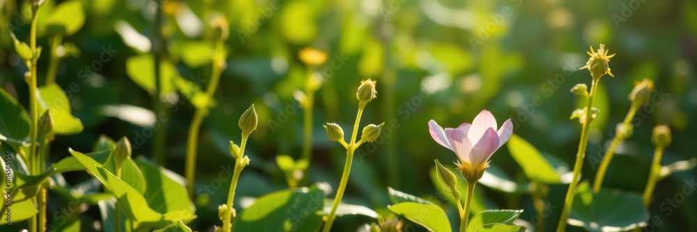 A delicate sprout pushes its way through the soil its first leaves unfurling towards the warm light of the sun, sunlight, vegetation A delicate sprout pushes its way through the soil its first leaves unfurling towards the warm light of the sun, sunlight, vegetation