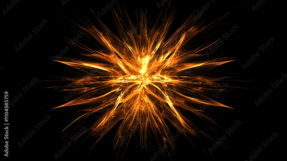 Bright orange and yellow fire burst radiating in all directions against a black background during a surreal art performance Bright orange and yellow fire burst radiating in all directions against a black background during a surreal art performance