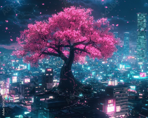 Futuristic Japanese cityscape with neon lights and a large sakura tree dominating the urban skyline