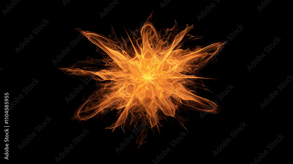 Orange and yellow fire burst exploding outward against a black background creating a dynamic visual impact Orange and yellow fire burst exploding outward against a black background creating a dynamic visual impact