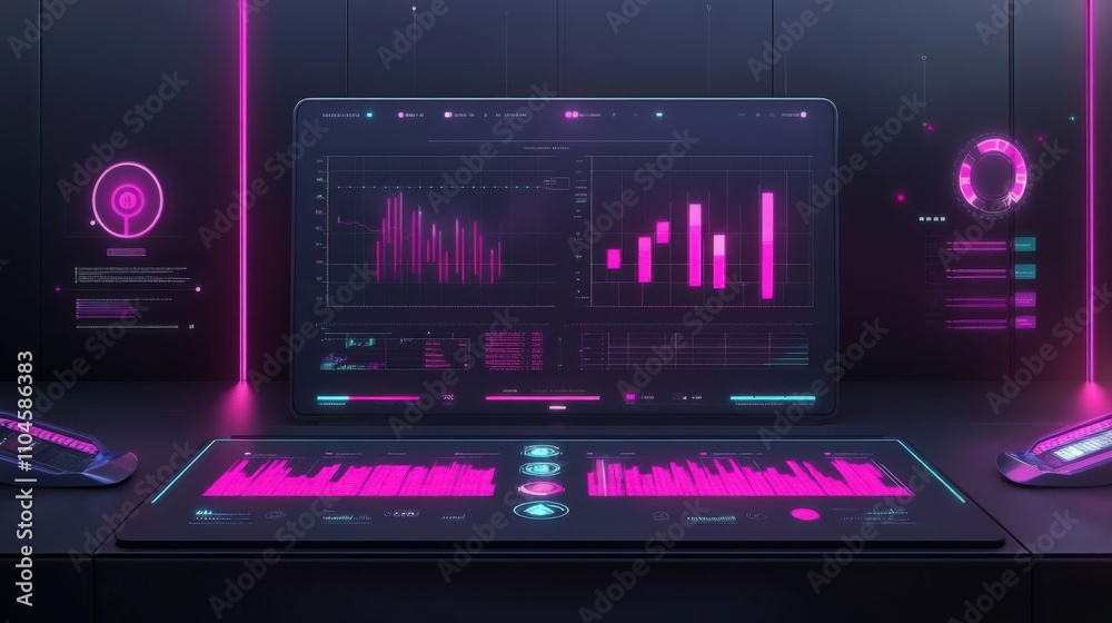 Obraz premium Futuristic Data Visualization with Neon Pink Elements and Graphs