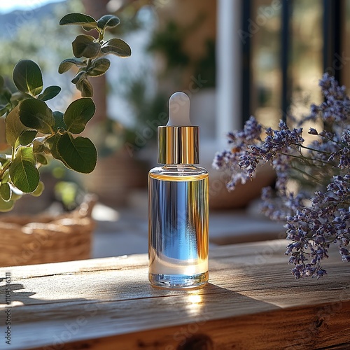 Glass bottle of serum or essential oil with dropper on wooden surface with lavender and green plants in background. photo