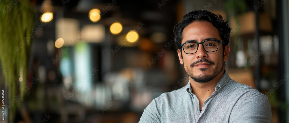 Confident Young Man Posing in a Modern Café Setting with a Warm Atmosphere Confident Young Man Posing in a Modern Café Setting with a Warm Atmosphere