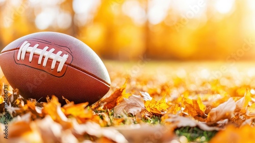 Captivating closeup of an American football resting on vibrant fallen leaves under the warm autumn sunlight. photo