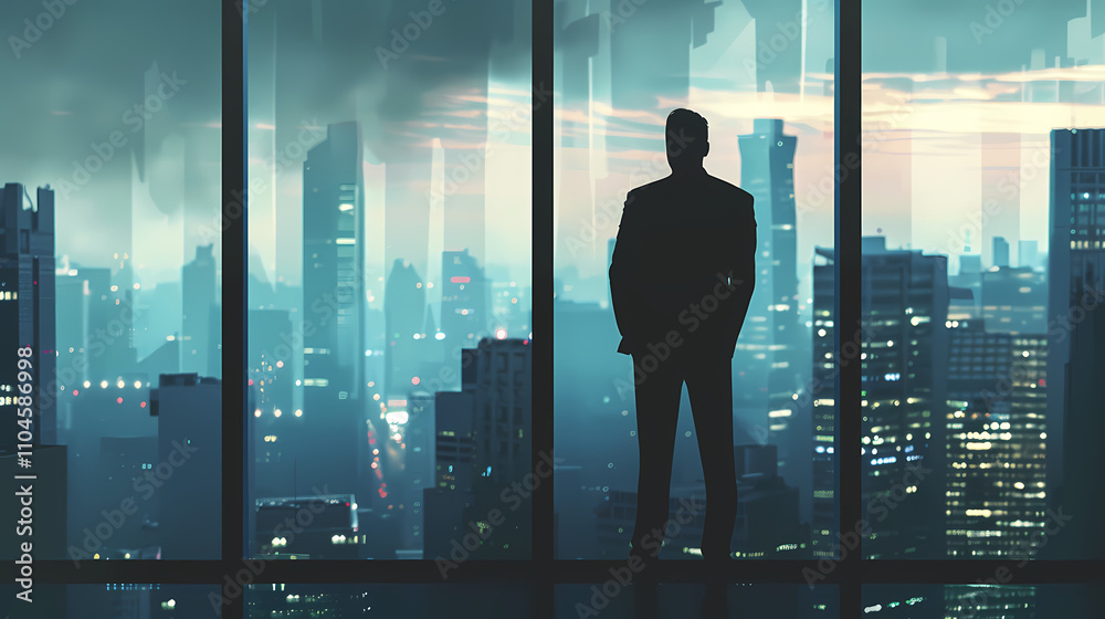 Strategic Visionary: A lone businessman silhouetted against a breathtaking cityscape at night, contemplating the future. The image evokes ambition, success, and the vast potential of urban life. Strategic Visionary: A lone businessman silhouetted against a breathtaking cityscape at night, contemplating the future. The image evokes ambition, success, and the vast potential of urban life.