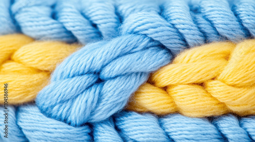 Vibrant closeup of braided knitted wool in blue and mustard. A cozy display with soft textures and warm tones.