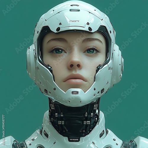 A female cyborg with a white helmet and blue eyes stares into the camera. photo