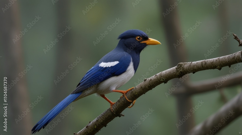 Blue-and-white bird with yellow beak perched on a branch. Blue-and-white bird with yellow beak perched on a branch.