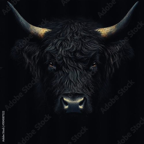 Close-up portrait of a black bull's head with a dark background. photo