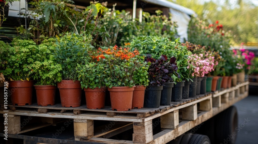 Fototapeta premium Truck loaded with potted plants for garden supply logistics. Flower distribution. Business and logistics distribution concept