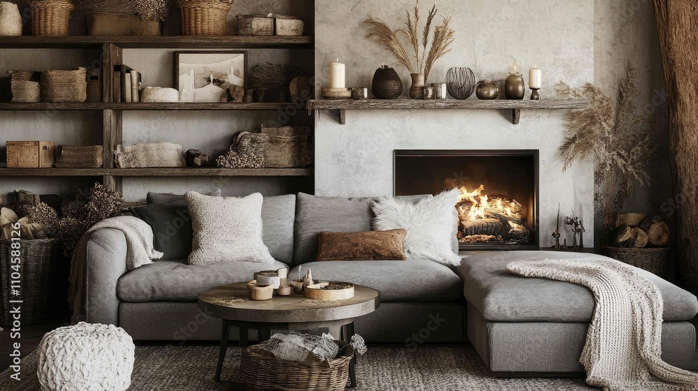 Cozy Living Room with Rustic Decor and Warm Fireplace Ambiance Cozy Living Room with Rustic Decor and Warm Fireplace Ambiance