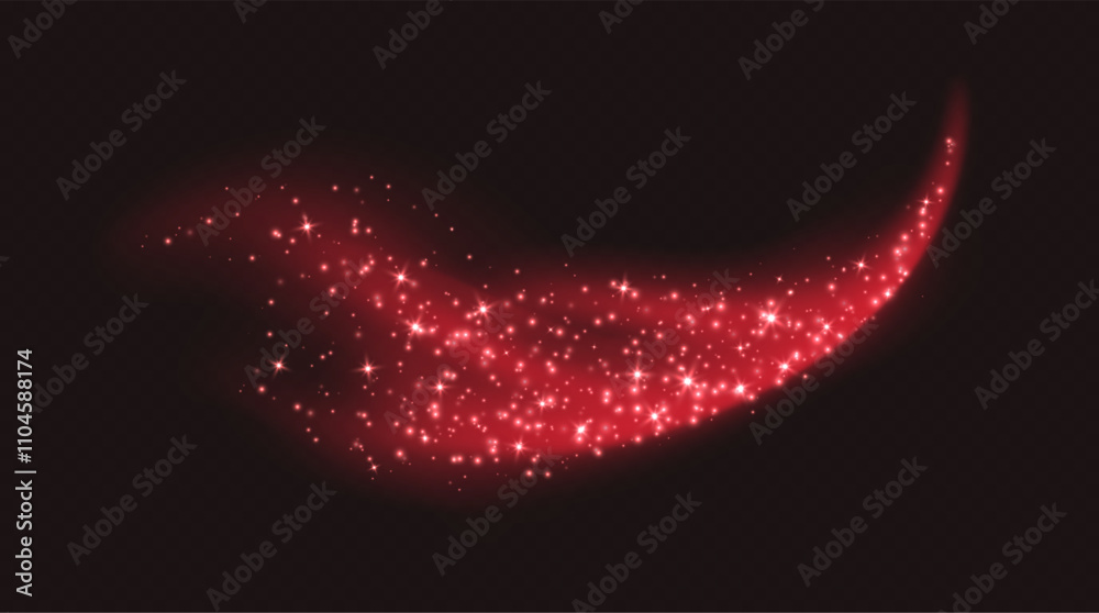 Red magic cloud with sparkles, stardust sparkling decoration. Glowing glitter smoke trail. Vector illustration.
