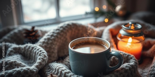 A close-up view of a steaming cup of coffee next to a burning candle on a cozy winter morning, beverage, cozy photo