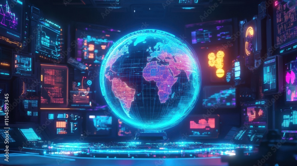 Obraz premium Futuristic Digital Globe Interface Displaying Global Data Visualization