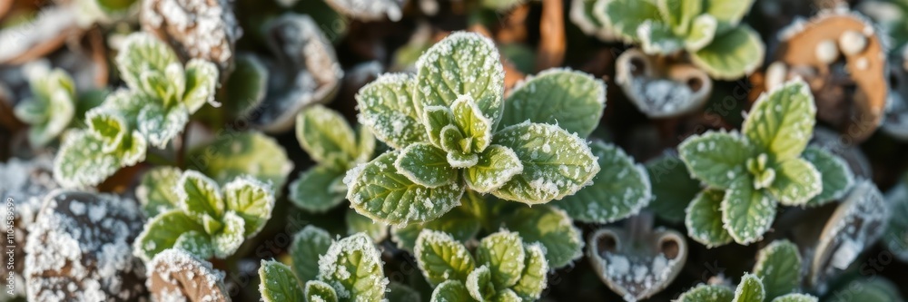 Frosty mint leaves covered in frozen dew on a cold winter morning, winter, frozen Frosty mint leaves covered in frozen dew on a cold winter morning, winter, frozen