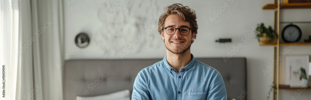 Confident Young Man Smiling in a Cozy Bedroom Setting Confident Young Man Smiling in a Cozy Bedroom Setting