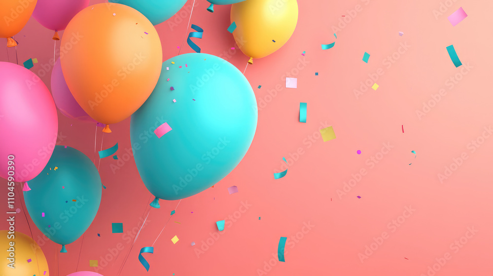 Vibrant 3D-rendered balloons in bold reds, blues, and yellows float upward, their glossy surfaces reflecting light, with shiny ribbons and confetti adding a festive pop to a minimalist party scene. Vibrant 3D-rendered balloons in bold reds, blues, and yellows float upward, their glossy surfaces reflecting light, with shiny ribbons and confetti adding a festive pop to a minimalist party scene.