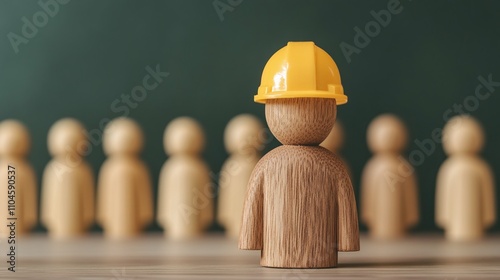 Simple wooden figure with safety hat, safety day in factory - Labor day