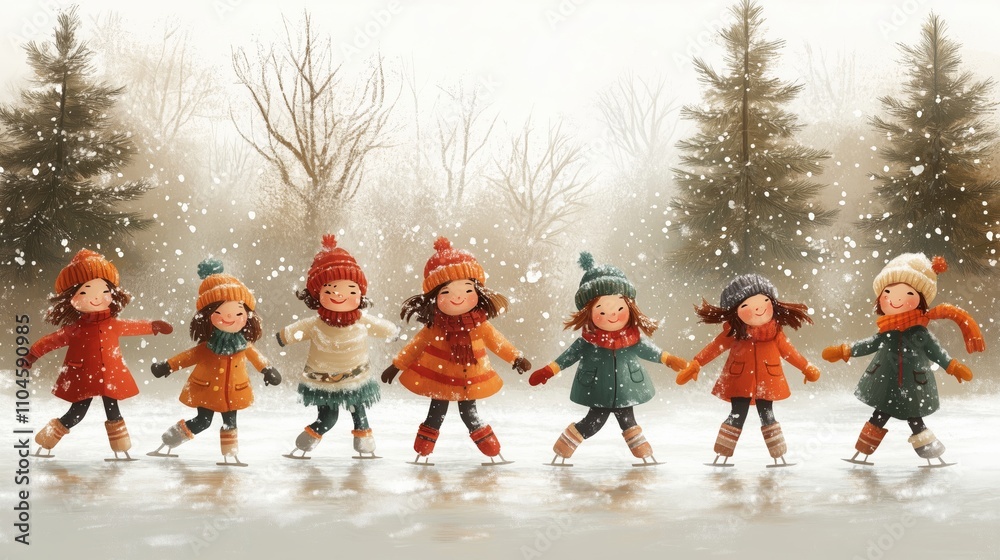 Joyful Winter Scene with Children Ice Skating Together Joyful Winter Scene with Children Ice Skating Together