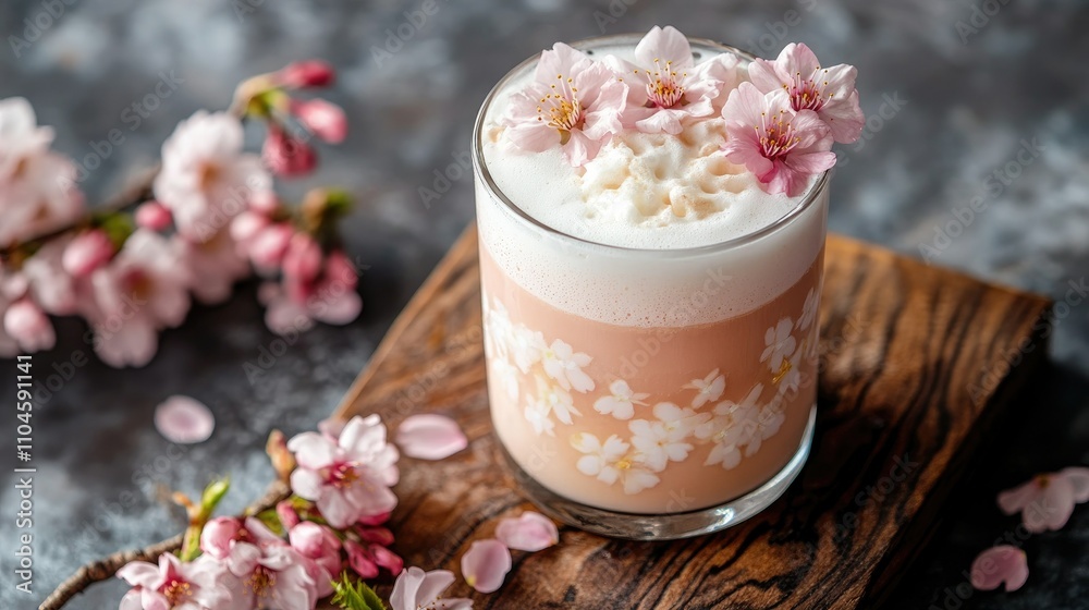 Cherry Blossom Drink with Decorative Foam and Floral Accents Cherry Blossom Drink with Decorative Foam and Floral Accents