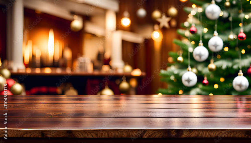 Brown wood table with copy space and blurred christmas room in the background with decorated tree and furniture Brown wood table with copy space and blurred christmas room in the background with decorated tree and furniture