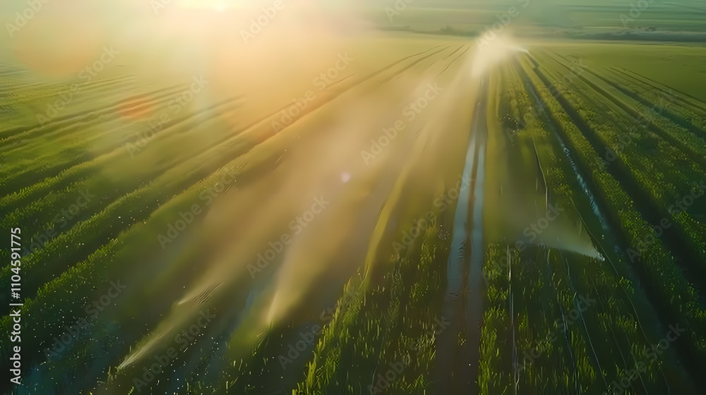 Sunrise Irrigation: A mesmerizing aerial view of a lush, green field, bathed in the golden glow of sunrise as a network of sprinklers gracefully irrigates the crops. Sunrise Irrigation: A mesmerizing aerial view of a lush, green field, bathed in the golden glow of sunrise as a network of sprinklers gracefully irrigates the crops.